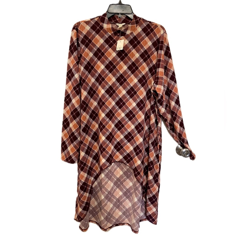 Women Plus Cato High Low mock turtleneck maroon rust plaid long sleeve shirt